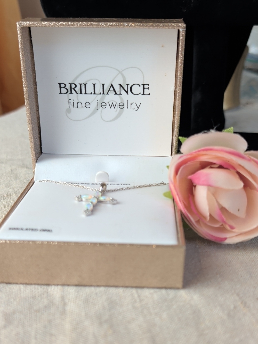 Brilliance Fine Jewelry Simulated Opal Cross Necklace Sterling Silver Plated - Picture 4 of 7
